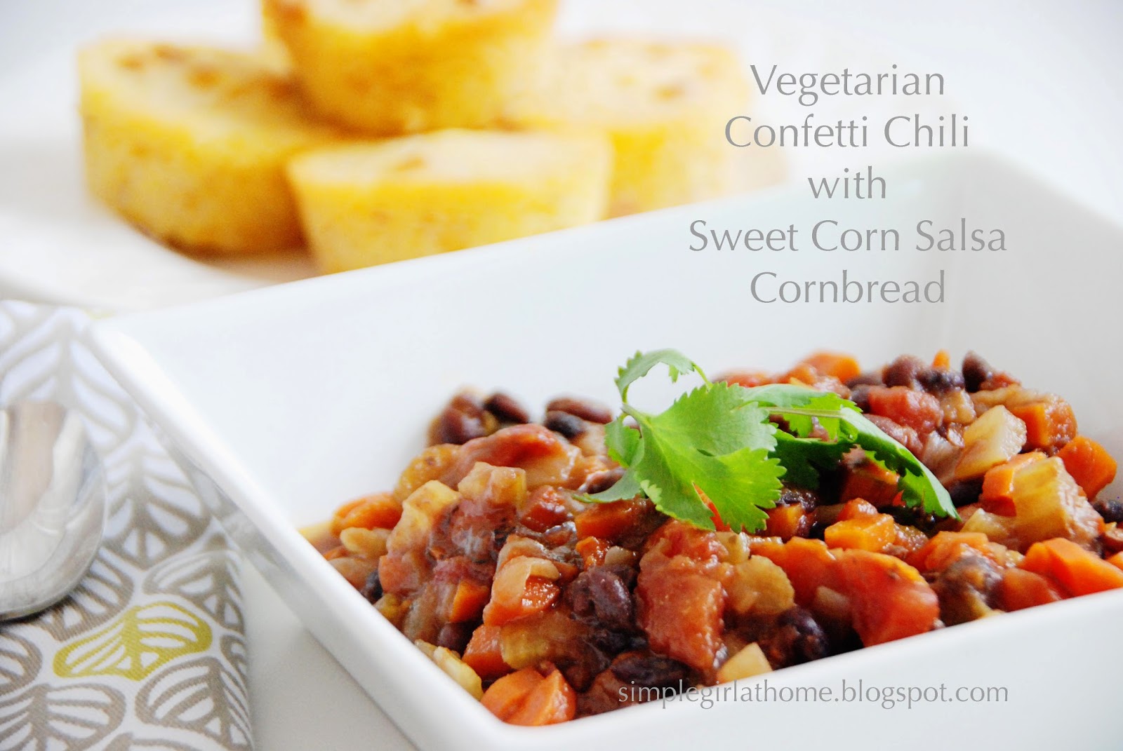 Vegetarian Confetti Black Bean Chili with Sweet Corn Salsa Muffins