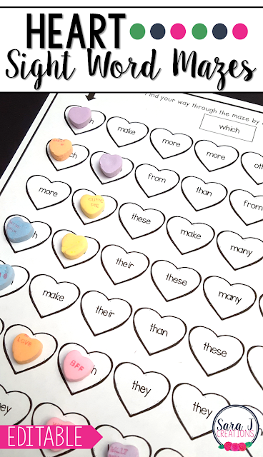 Editable sight word mazes with a heart theme are perfect for February or any month. Add your own words and the mazes will be automatically created for you!