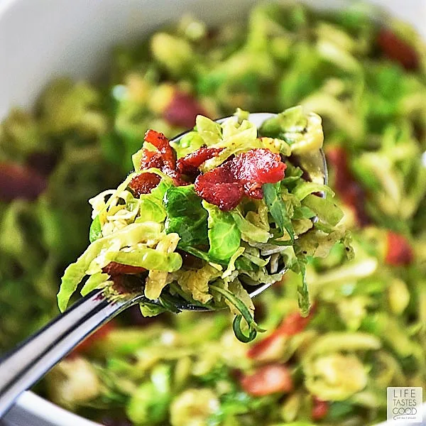 Shredded Brussels Sprouts with Bacon Dressing