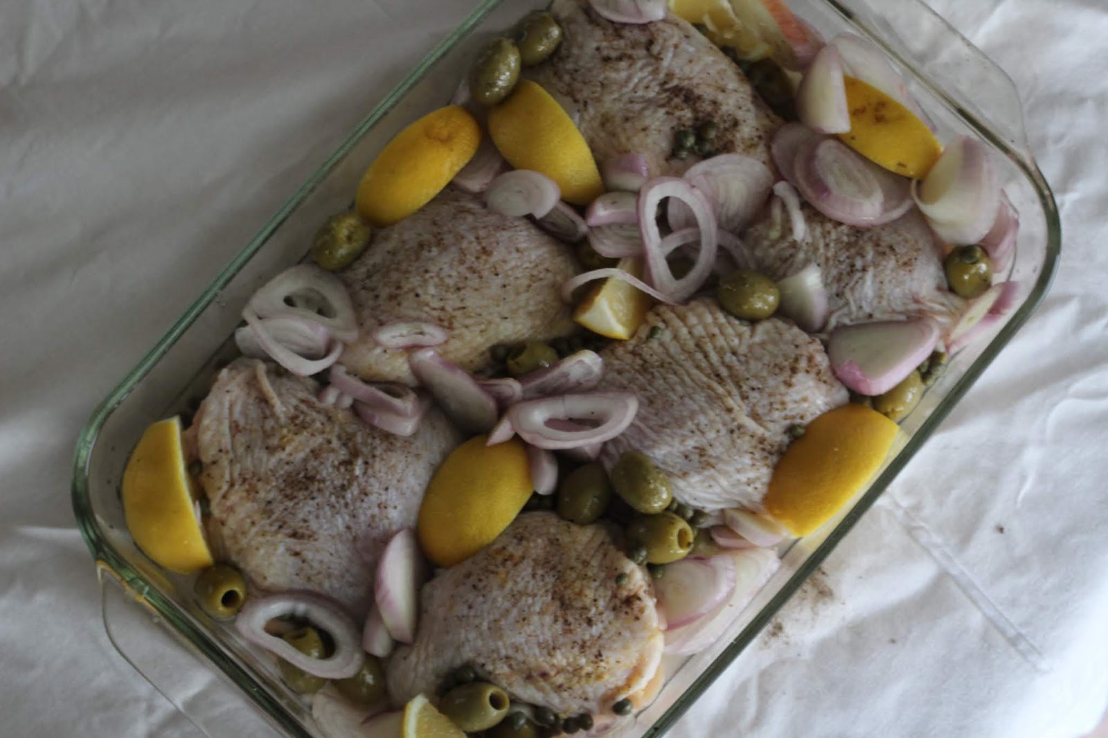 Vin de Pêche Braised Chicken Thighs with Olives, Capers, and Lemon