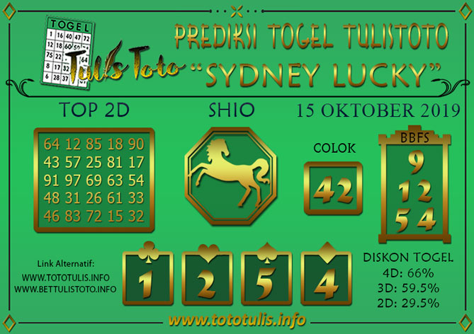 Prediksi Togel SYDNEY LUCKY TODAY TULISTOTO 15 OKTOBER 2019