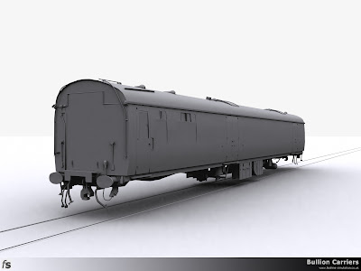 Fastline Simulation - Bullion Carriers: An in development render of the NWX Bullion Van for Train Simulator 2013. The completed body and under frame viewed from the saloon end and just waiting for bogies.
