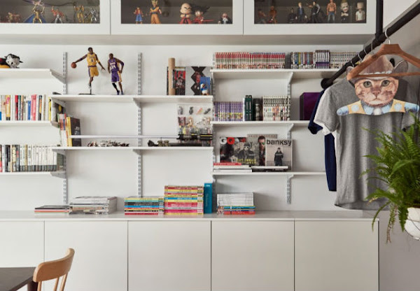 reforma piso pequeño transformado en loft, pared de almacenaje