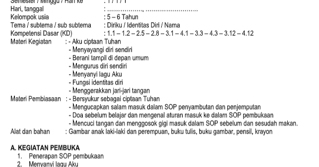 RPPH TK PAUD Kurikulum 2013 Kelompok Usia 56 Tahun Tema