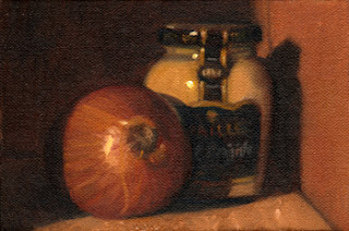 Oil painting of a brown onion beside a jar of Maille mustard.