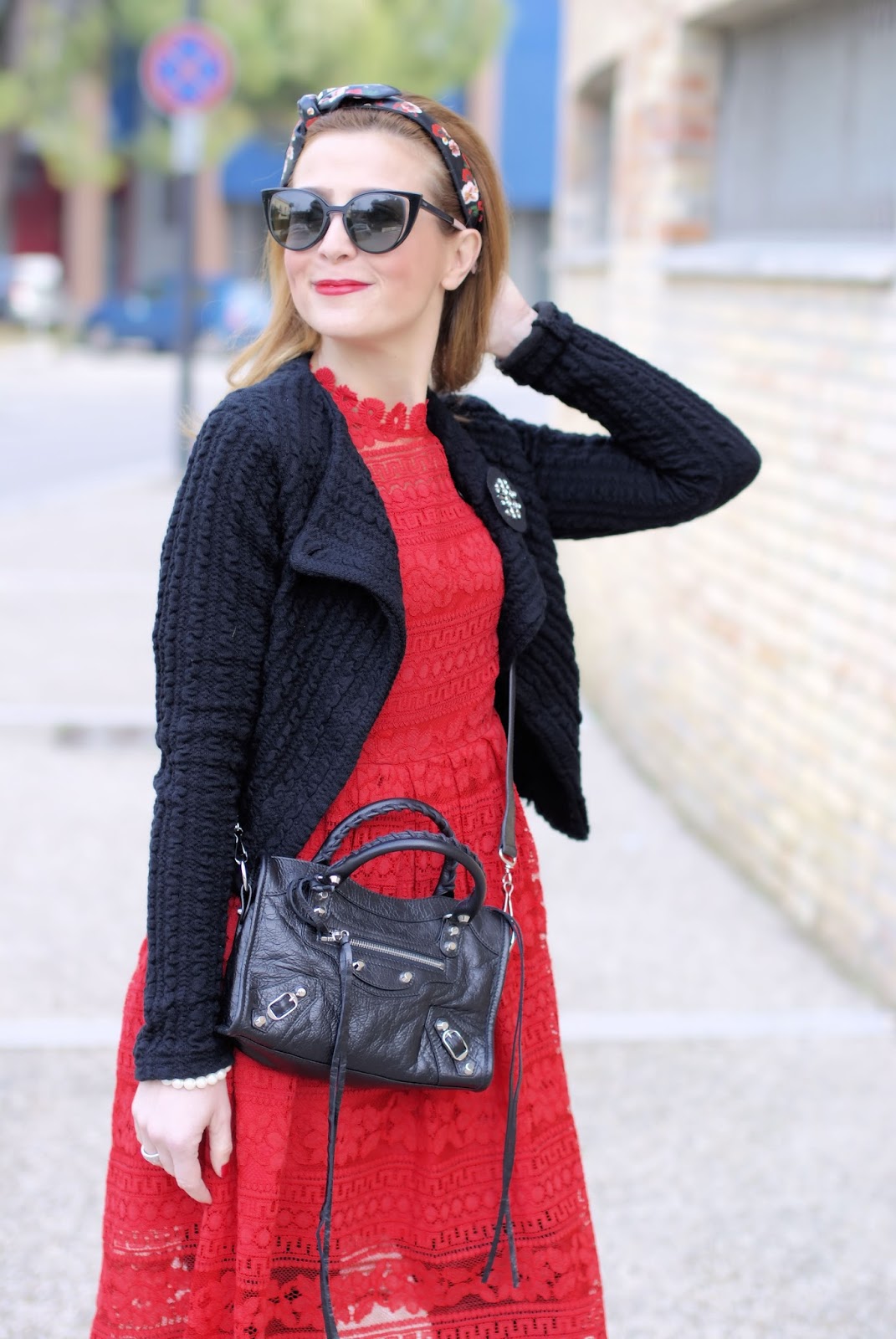 How to wear lace in Winter: Dezzal red lace dress, Balenciaga City Mini bag on Fashion and Cookies fashion blog, fashion blogger style