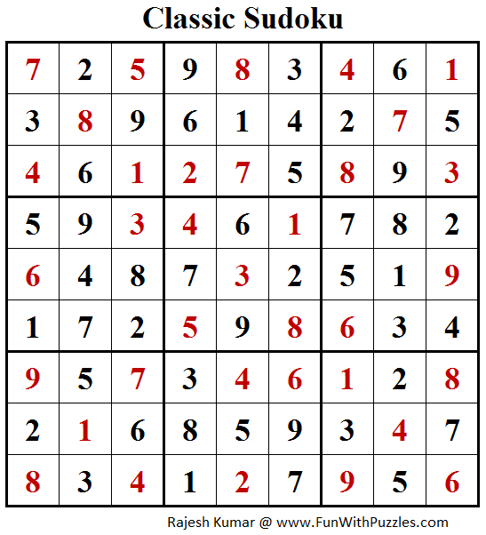 Classic Sudoku Puzzle (Fun With Sudoku 203) Solution