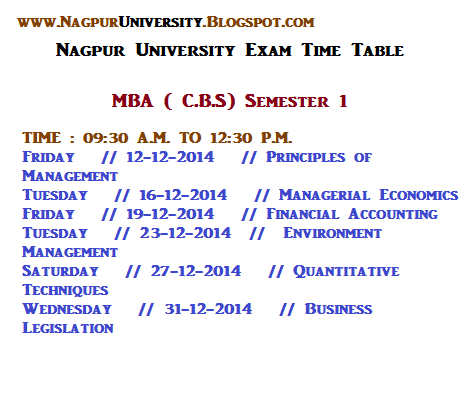 RTMNU MBA 1St Semester Time Table New Exam Winter 2014