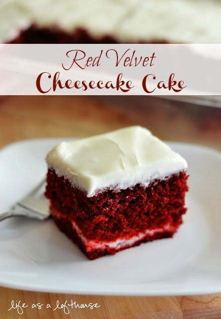 Red Velvet Cheesecake Cake has layers of red velvet cake and cheesecake with the most delicious cream cheese frosting on top. Life-in-the-Lofthouse.com