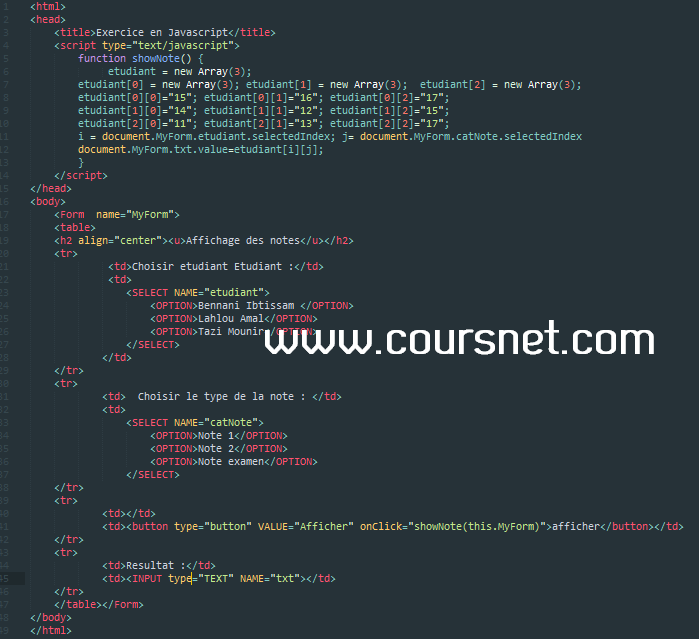 Exercice corrigé en JavaScript - COURSNET