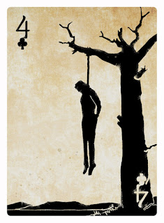 A hanged man appears swinging from a tree on the four of clubs for the Deck of Loss.