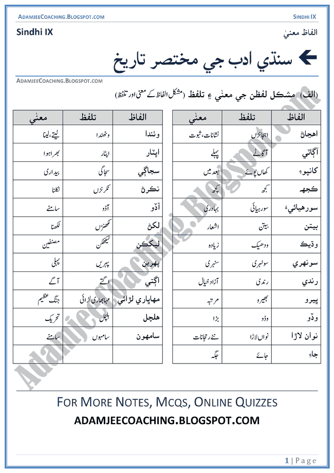 Adamjee Coaching Sindhi Adab Ki Mukhtasar Tareekh Words Meanings Sindhi Notes for Class 9th