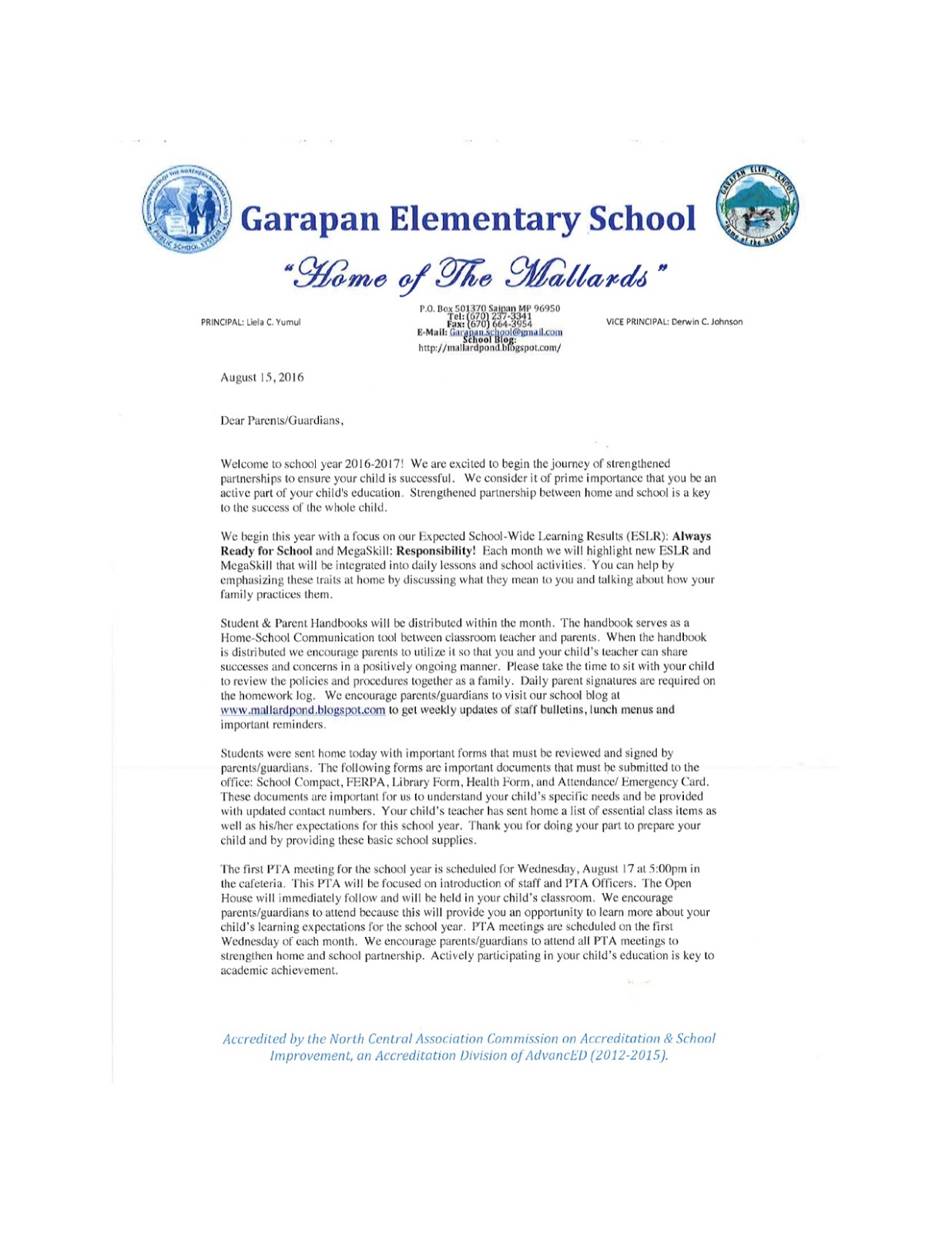 the mallard pond sy 16 17 welcome back parent letter from the principal welcome back to school letter