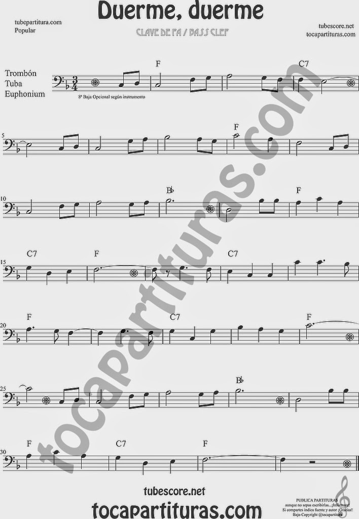  Duerme Duerme Partitura Popular de Trombón, Tuba Elicón y Bombardino Sheet Music for Trombone, Tube, Euphonium Music Scores