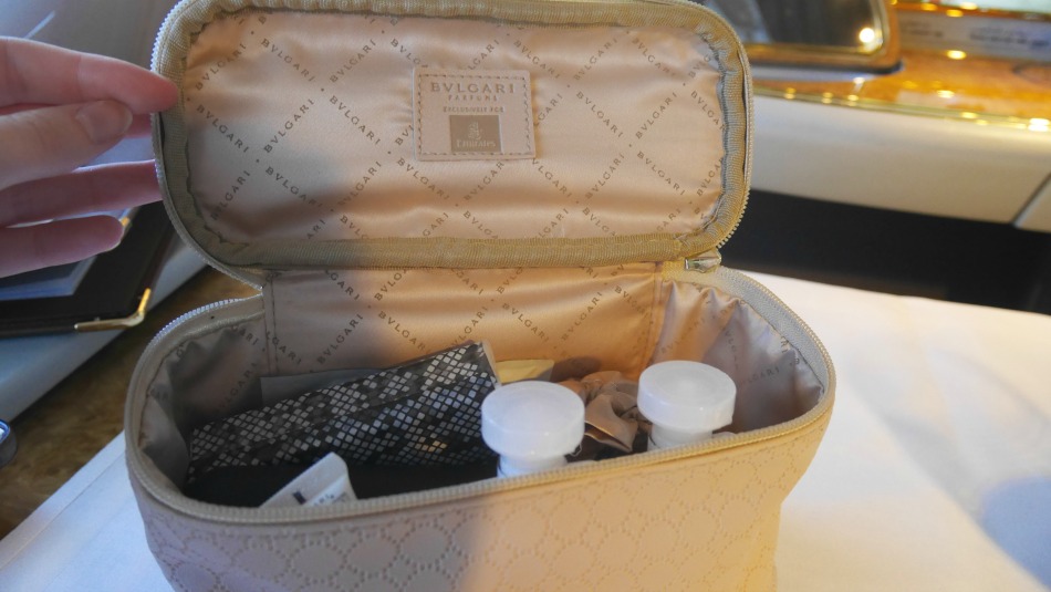 Bulgari toiletry bag on the Emirates First Class overnight flight