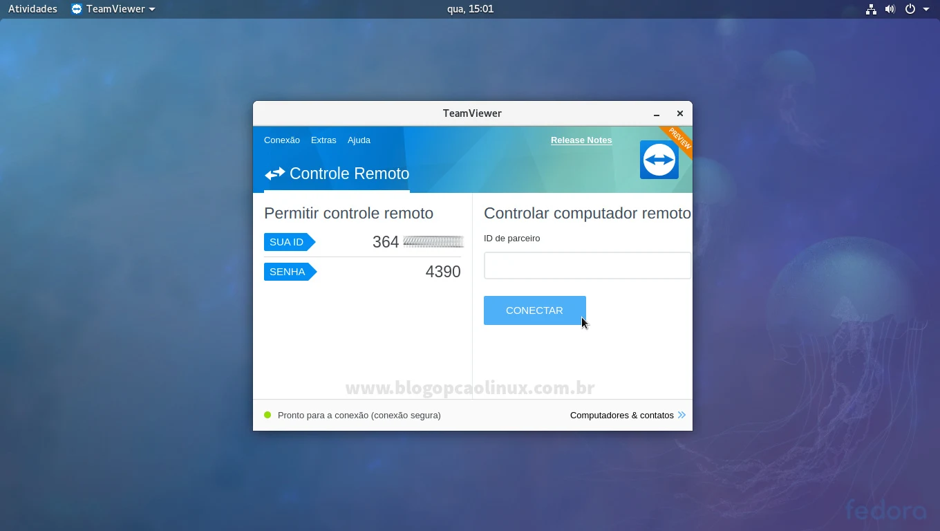 TeamViewer executando no Fedora Workstation, com ambiente de desktop GNOME