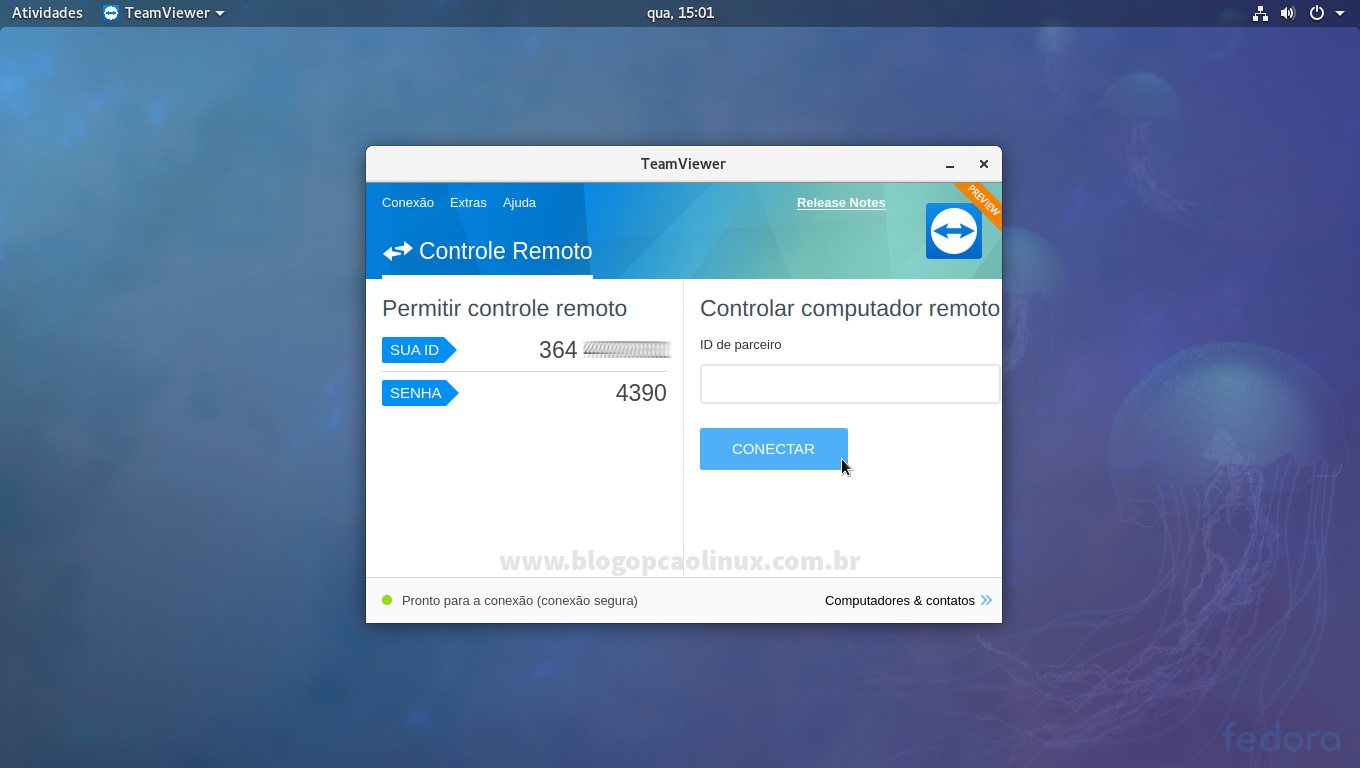 TeamViewer executando no Fedora Workstation, com ambiente de desktop GNOME TeamViewer executando no Fedora Workstation, com ambiente de desktop GNOME