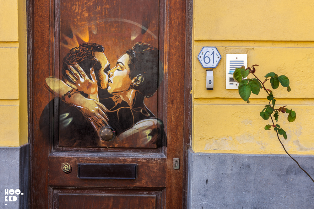 Stencil Artist C215. Couple Kissing Stencil in Ostend, Belgium
