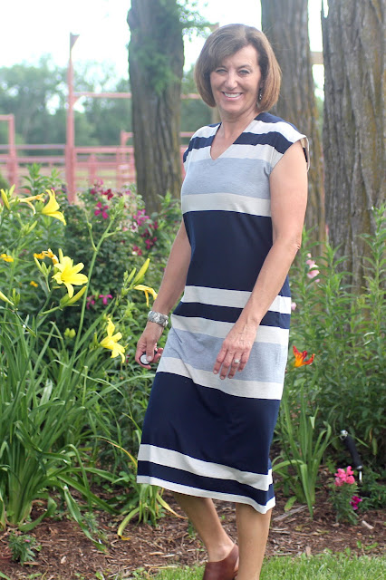 Lodo Dress from IndieSew made from Mood Fabrics' Stripe Jersey Knit