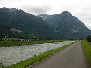 Paved path along the Rhine River, Liechtenstein.