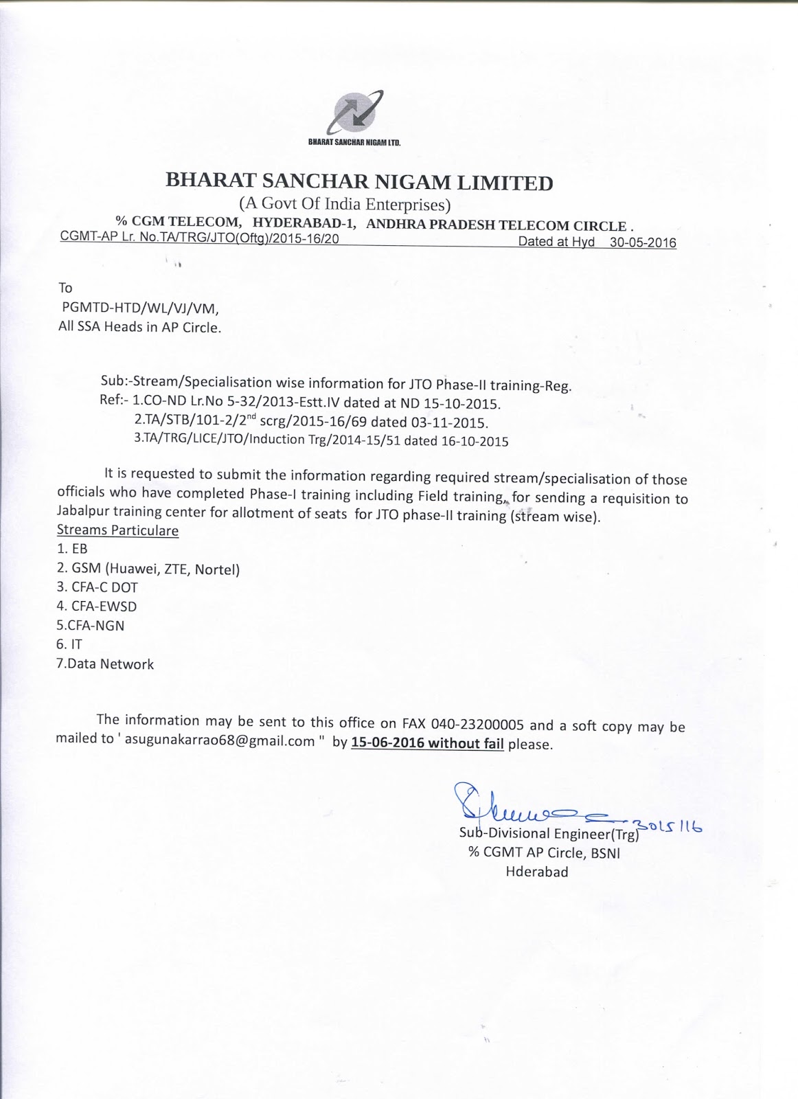 BSNL OFFICERS ASSOCIATION (BSNL OA) AP Circle Office issued letter for