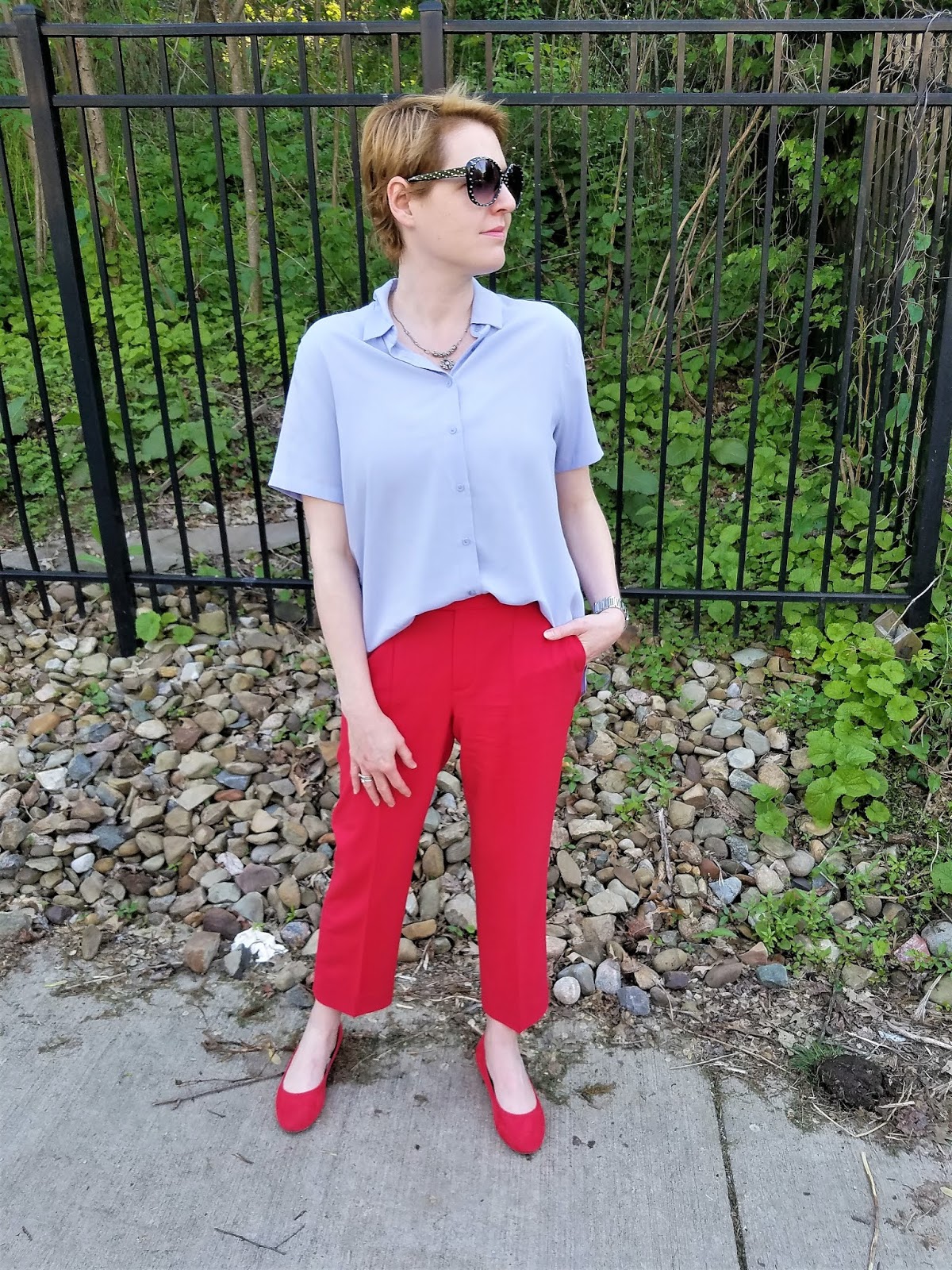 lavender and red outfit