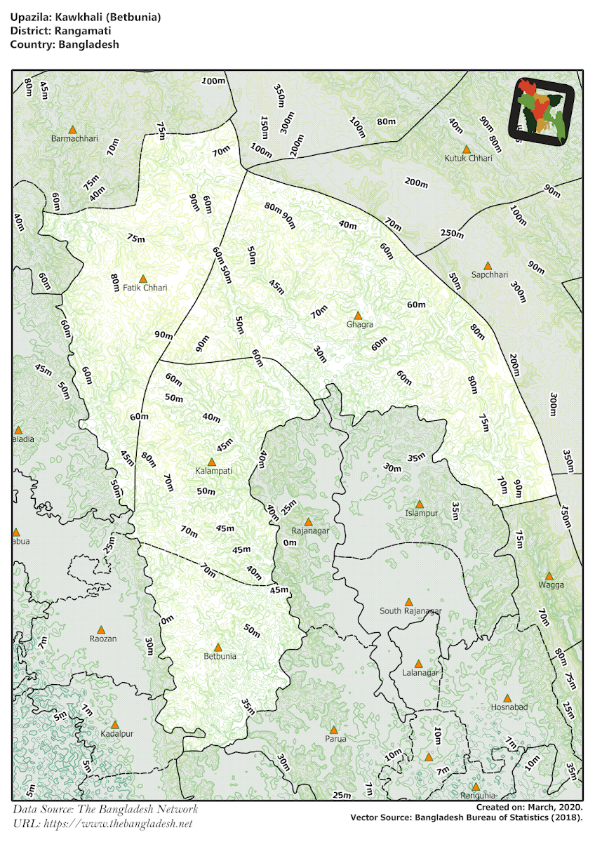 Kawkhali (Betbunia) Upazila Elevation Map Rangamati District Bangladesh