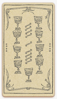 Nine of Chalices card - inked illustration - In the spirit of the Marseille tarot - minor arcana - design and illustration by Cesare Asaro - Curio & Co. (Curio and Co. OG - www.curioandco.com)