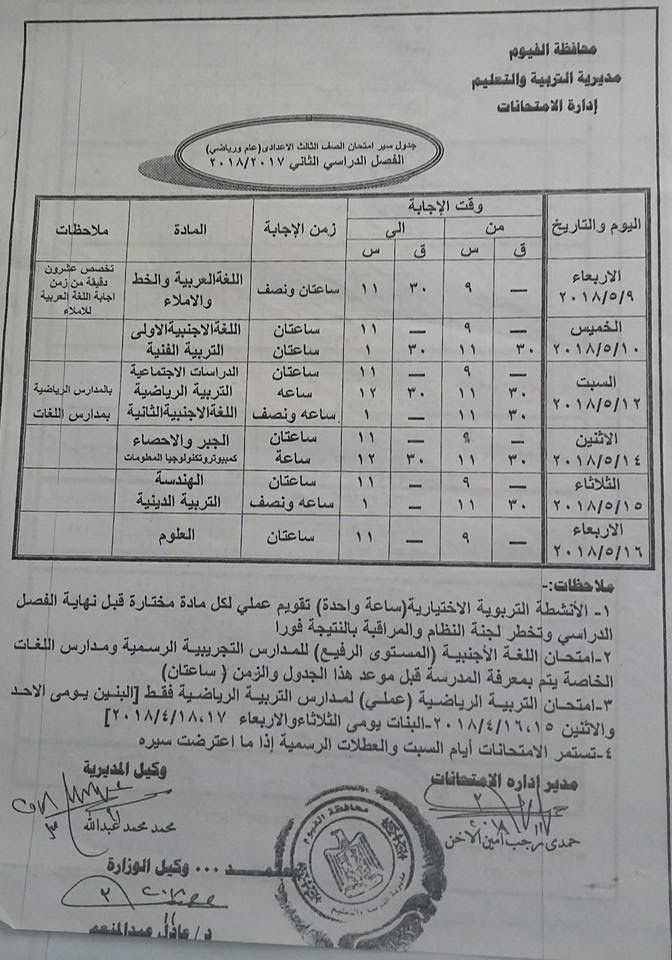 جداول امتحانات محافظة الفيوم الترم الثاني 2018 0%2B%25282%2529