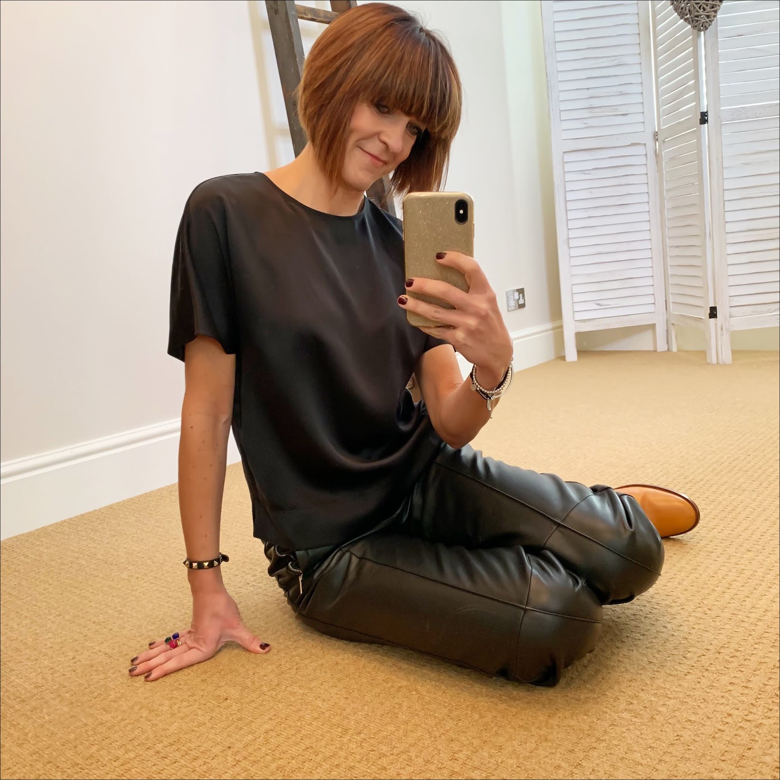 my midlife fashion, marks and spencer leather straight leg trousers, marks and spencer pure silk round neck short sleeve shell top, isabel marant etoile leather ankle boots, isabel marant etoile mohair cardigan, chanel vintage brooch