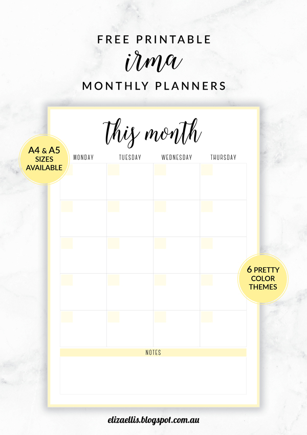 Free Printable Irma Monthly Planners by Eliza Ellis available in A4 and A5 sizes, as well as 6 pretty color themes!