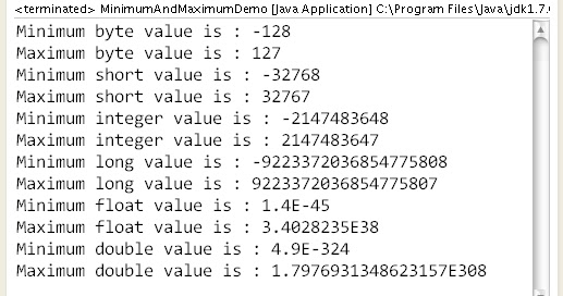 Learn Java by Examples: How get and use minimum and maximum values of primitive data types through Java program ?. Learn Java By Examples: How Get And Use Minimum And Maximum Values Of Primitive Data Types Through Java Program ?.