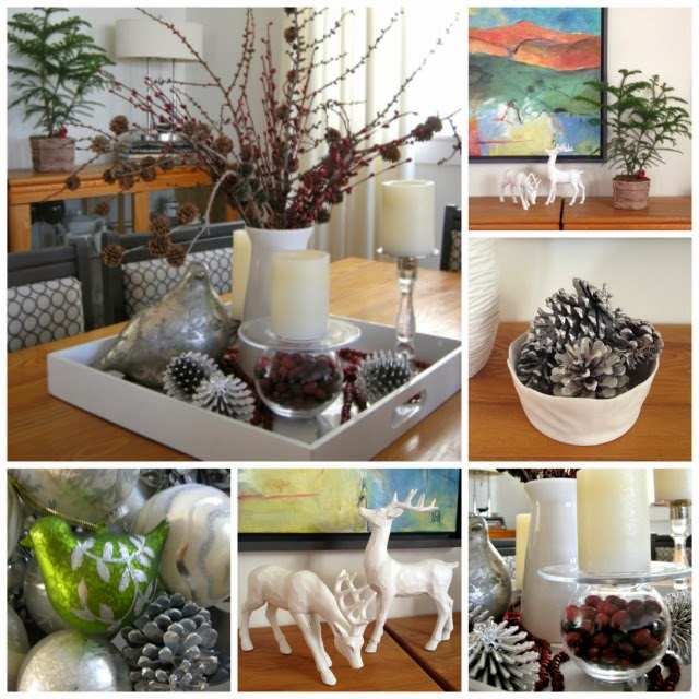 dining table vignette, white reindeer, LED candles, Norfolk pine, cranberries