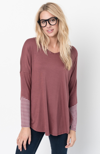 Buy Now Red brown V-Neck Striped Panel Sleeve Tunic Online - $34 -@caralase.com