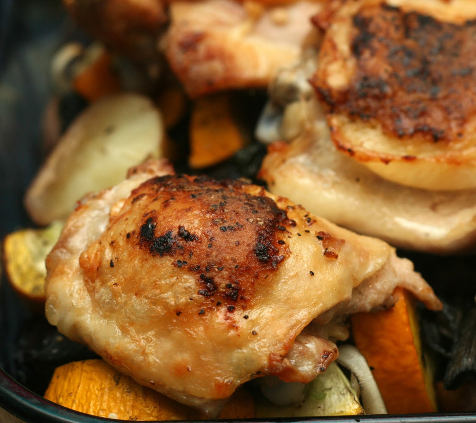 Crispy Chicken Thighs with Portobellos, Zucchini and Potatoes