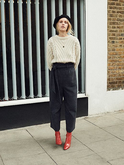 3 Essential Pant Styles for Winter – Beret, Sweater, Paper-Bag Waist Pants and Red Boots