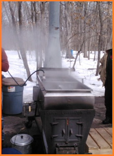 Old, wood burning stove heating sap outdoors.  Huge cloud of smoke.