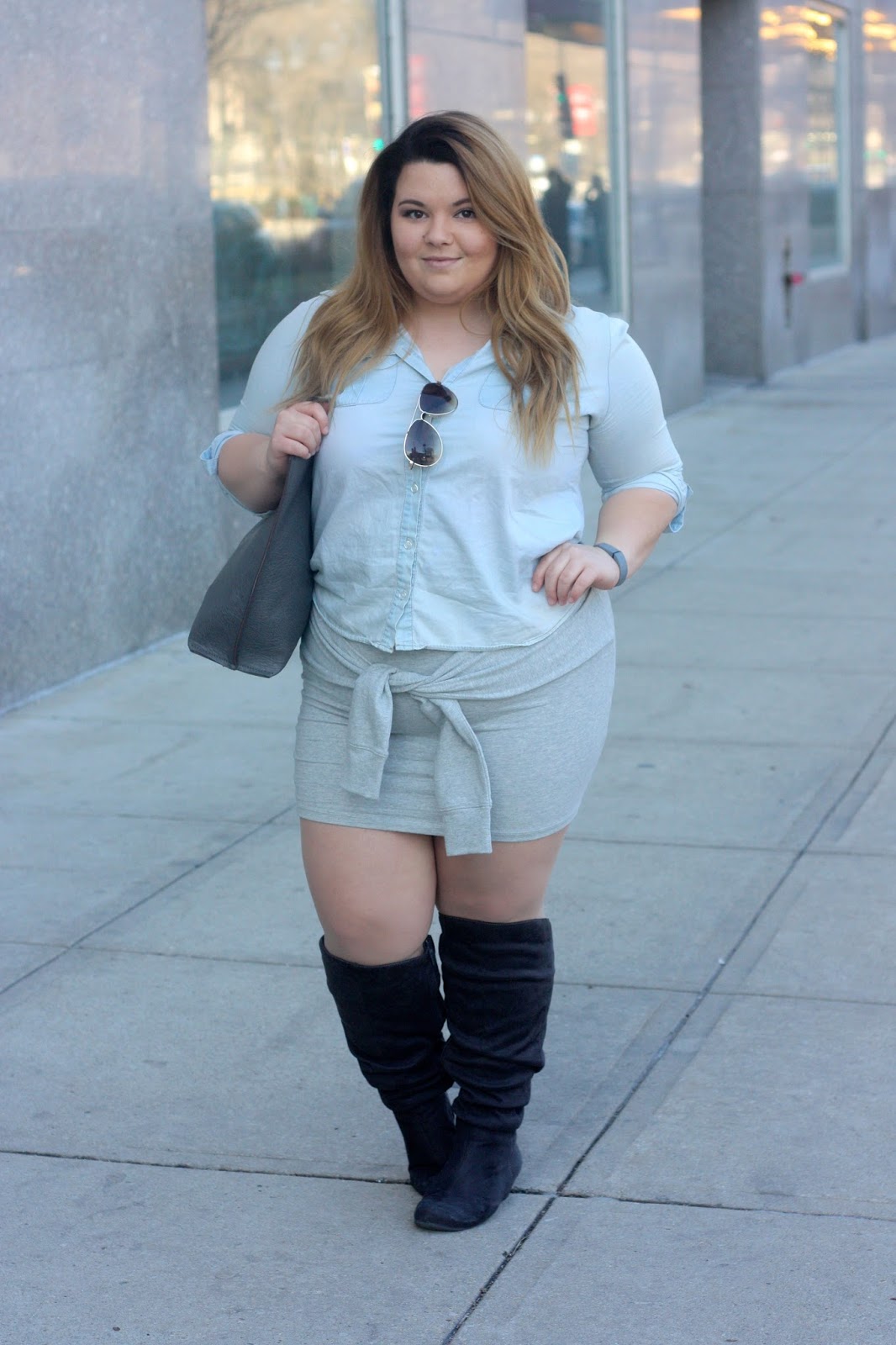natalie in the city, natalie craig, chicago, ps fashion, plus size fashion blogger, how to wear a tie waist skirt, curvy, fatshion, charlotte russe plus, denim button up, knee high wide calf suede boots, bottle blonde