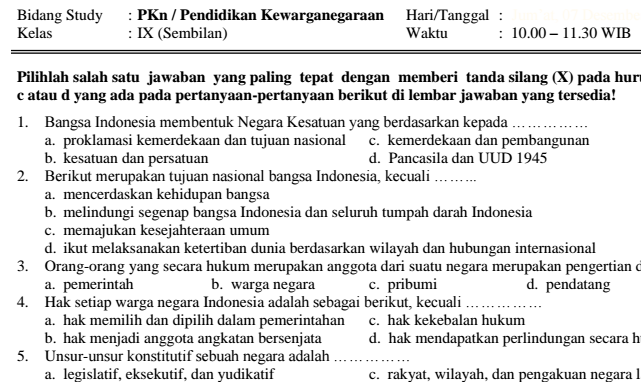 Soal Latihan Ulangan Tengah Semester Pkn Smp Kelas 9 Semester 1 Idn Paperplane