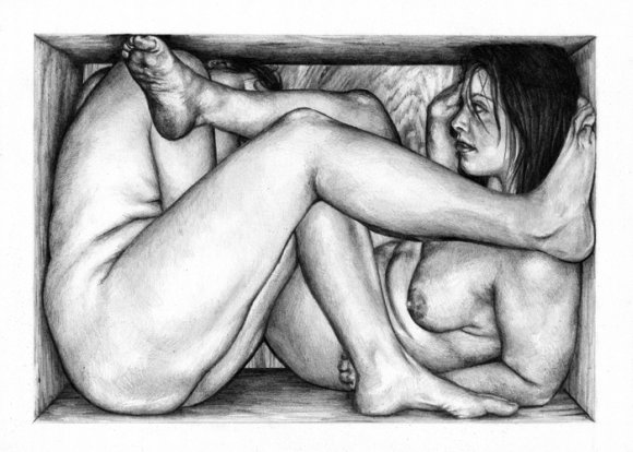 Chelsey Tyler Wood pinturas hiper realistas pessoas nuas em caixotes