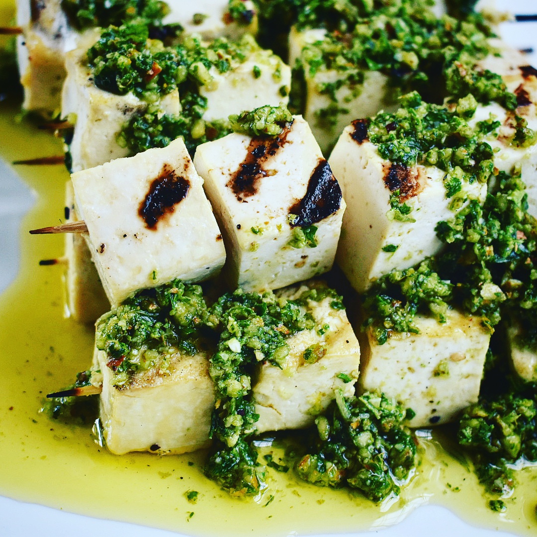 Grilled Tofu Kabobs with Spicy Basil Pesto Chef Jen