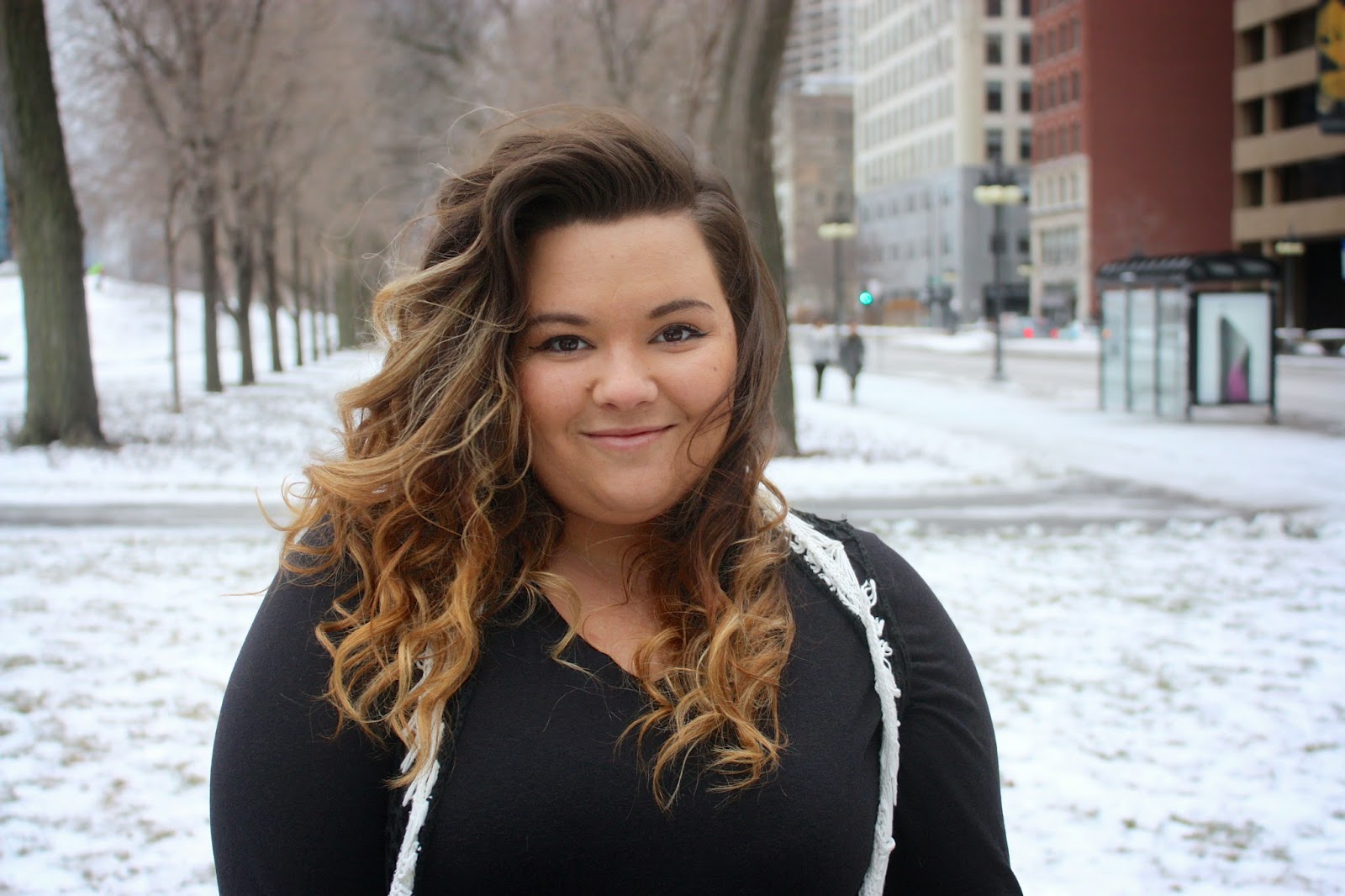 Natalie Craig, Natalie in The City, chicago, ootd, plus size fashion, fashion blogger, crochet vest, winter fashion 2015, mom fashion, curvy women, fatshion, gray jeans, curly ombre hair, thick girls, grant park, ralph lauren, lauren, wide calf boots, how to dress up a long sleeve shirt