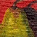 Small oil painting of the top portion of a pair in front of a red background.