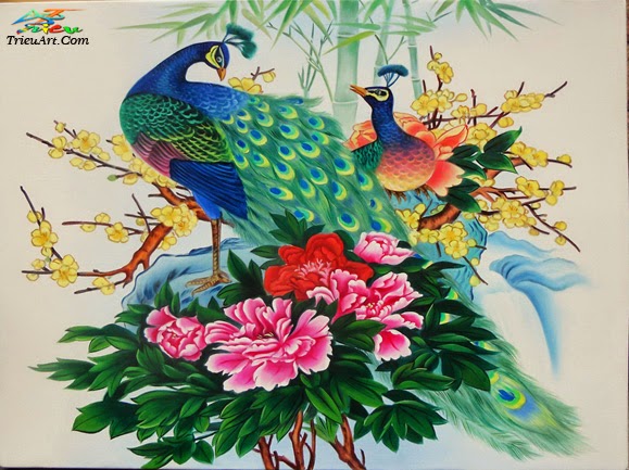 tranh phong thủy trang trí chim công và hoa mẫu đơn
