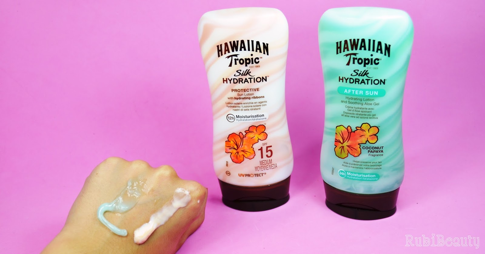 rubibeauty review hawaiian tropic silk hydration protector aftersun trnd swatch