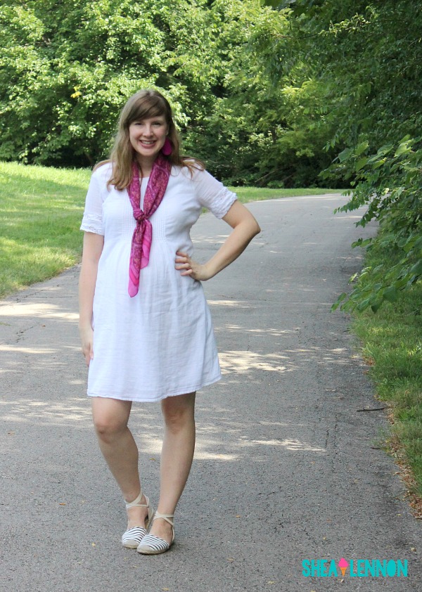 Summer outfit idea - white dress with bright scarf and jewelry and espadrilles | www.shealennon.com
