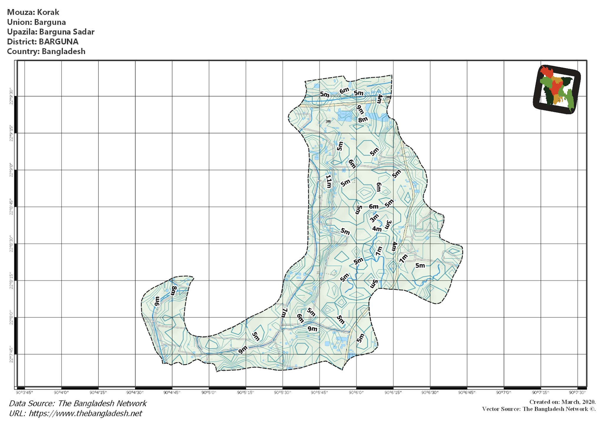 Map of Korak Mouza of Barguna Sadar Upazila, BARGUNA, Bangladesh.
