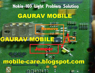 Solve your nokia 103 Mobile phone display light problem easily use this tricks. first you need to clean this motherboard than problem is not solve make this jumper follow this image you can solve your problem. 