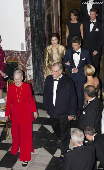 Queen Margrethe, Prince Henrik, Crown Prince Frederik, Crown Princess Mary, Prince Christian, Princess Isabella, Prince Joachim, Princess Marie, Prince Felix and Prince Nikolai at dinner