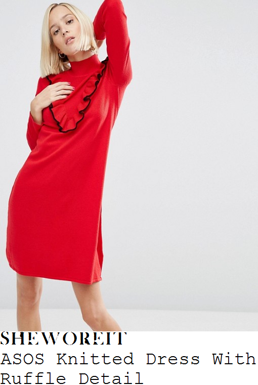 stacey-solomon-asos-cherry-red-and-black-long-sleeve-high-neck-ruffle-frill-detail-relaxed-fit-ribed-knit-dress